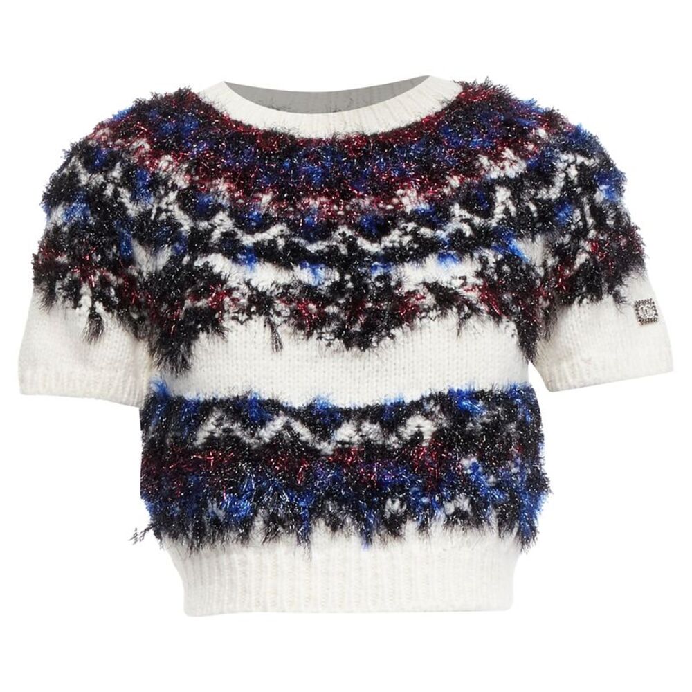 Chanel fluffy lurex intarsia crystal cc cropped sweater